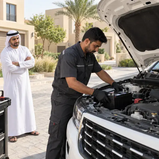 Technician fitting a new car battery at a customer's home